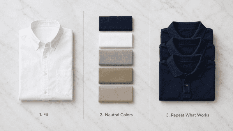 men's style three key principles diagram showing fit neutral colors and outfit formulas as the foundation of dressing better