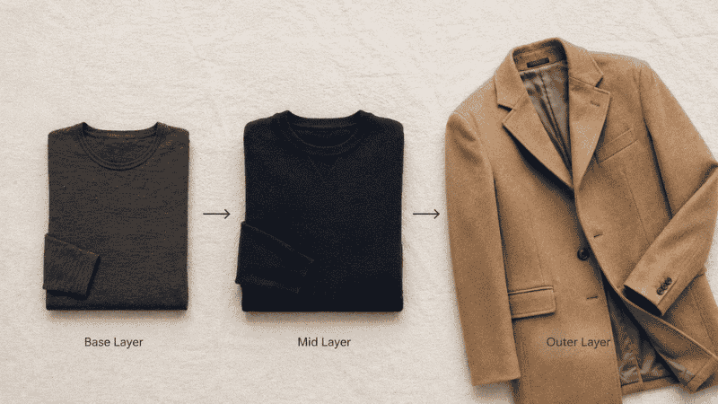 men's winter three layer system flat lay showing merino base layer crewneck sweater mid layer and wool overcoat outer layer