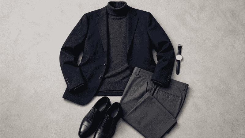 men's winter office outfit flat lay with dark grey merino turtleneck navy blazer grey wool trousers and leather oxford shoes