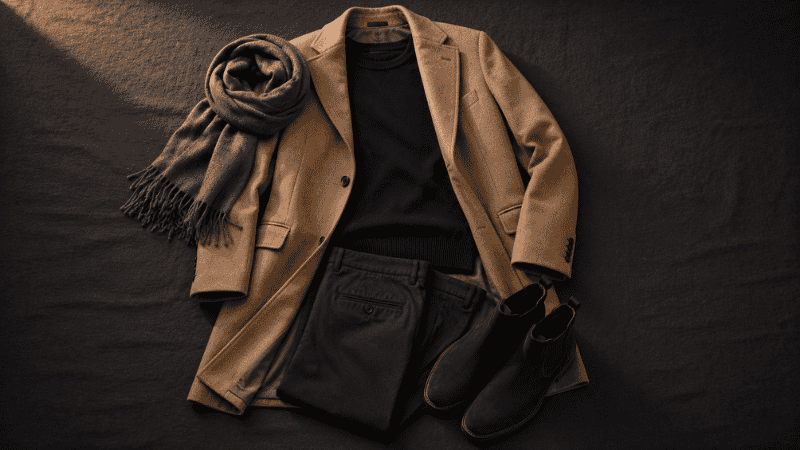 men's winter smart casual outfit flat lay with navy crewneck sweater dark chinos brown chelsea boots and camel wool overcoat