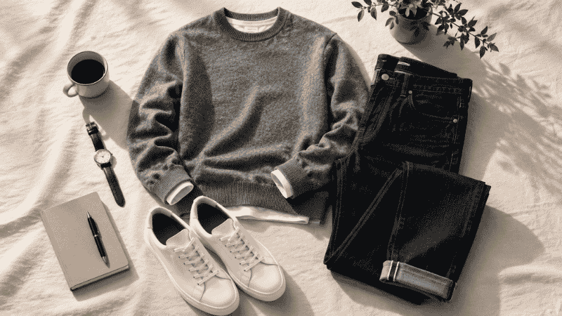 men's friday casual work outfit flat lay with structured grey crewneck dark slim jeans and white leather sneakers for modern office