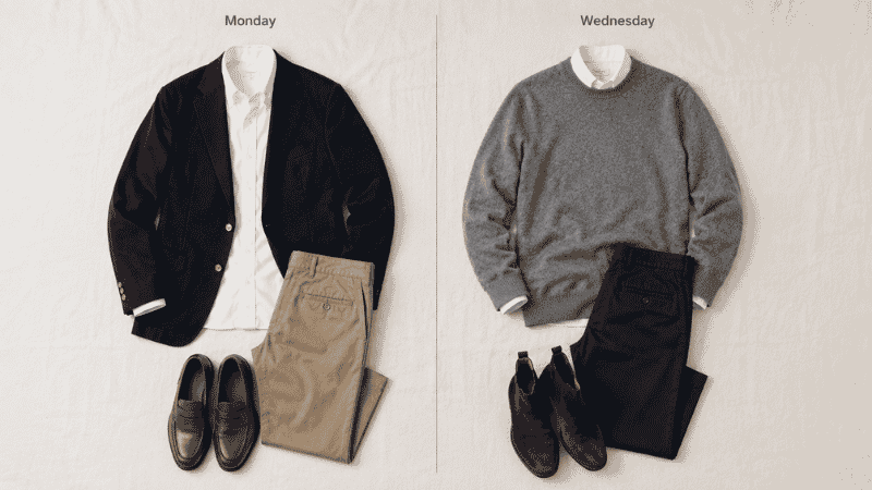 men's monday work outfit with navy blazer oxford shirt chinos and tan loafers next to wednesday outfit with grey crewneck sweater and chelsea boots