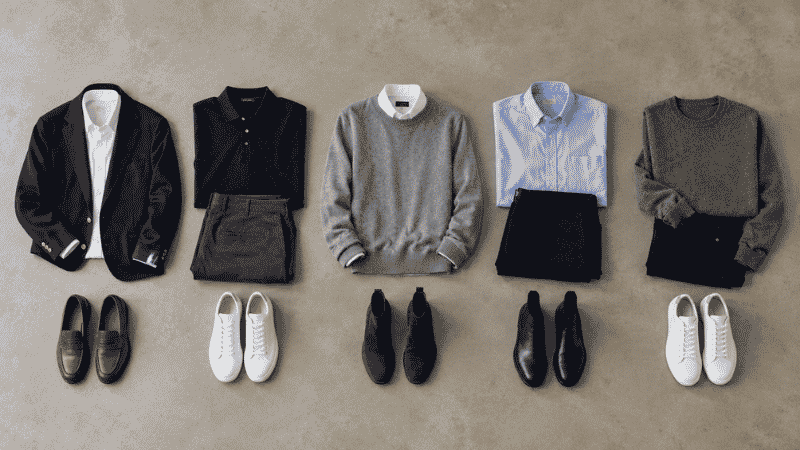 men's work outfits five day business casual flat lay showing navy blazer oxford shirt chinos polo sweater and dark jeans for office