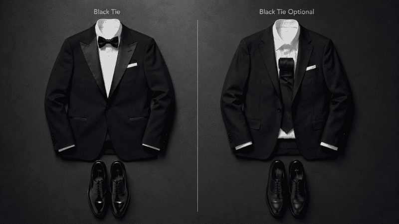 men's black tie wedding outfit flat lay with tuxedo jacket white dress shirt black bow tie and patent leather oxford shoes