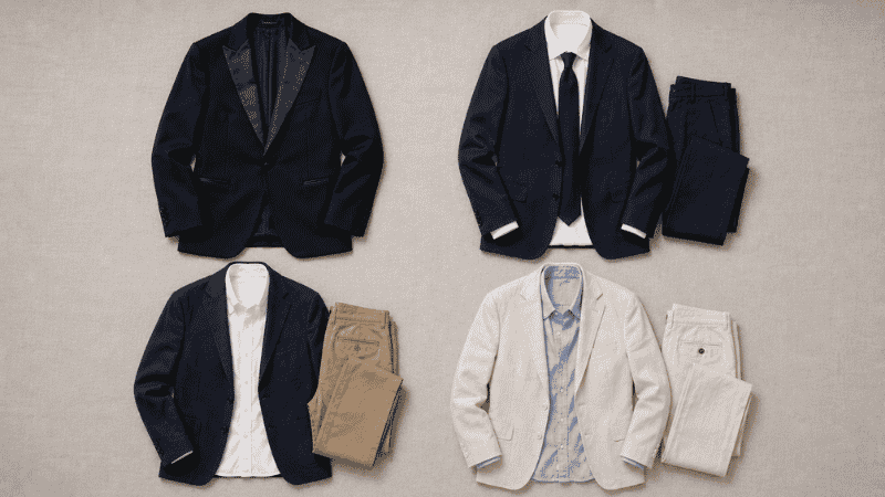 men's wedding guest outfit guide flat lay showing tuxedo suit blazer and linen options for every wedding dress code