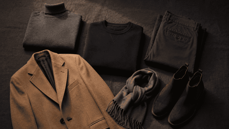 men's winter outfits flat lay showing merino turtleneck navy crewneck sweater dark chinos wool overcoat and chelsea boots for cold weather layering