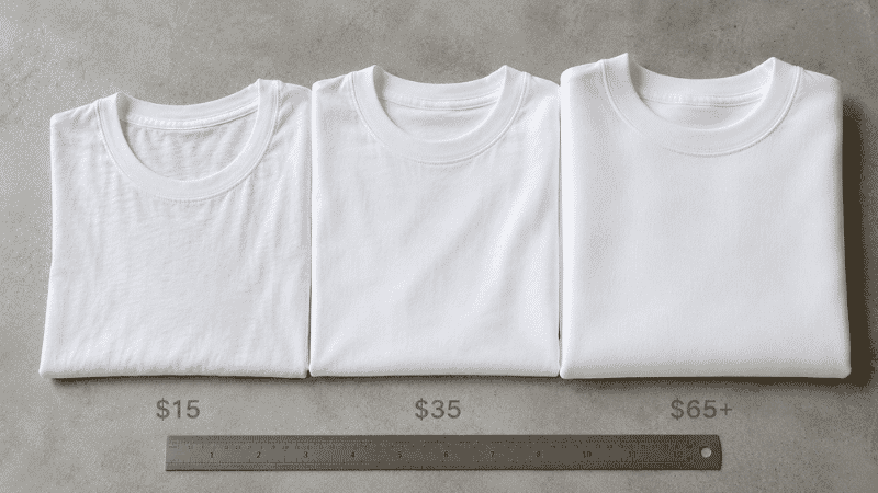 best white t-shirts for men flat lay showing three different quality white crew neck tees arranged by price tier with fabric texture visible