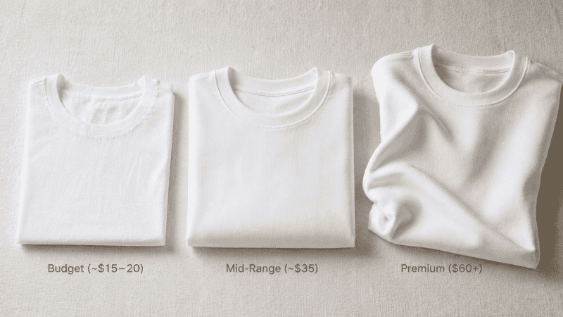 three best white t-shirts for men flat lay showing budget mid-range and premium options with fabric quality progression