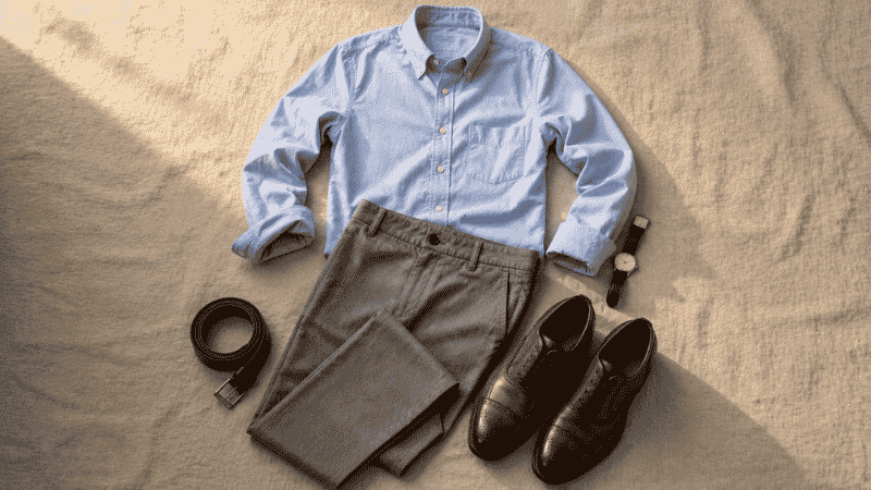 men's grey pants brown shoes outfit flat lay with light blue oxford shirt charcoal chinos and brown leather brogue shoes