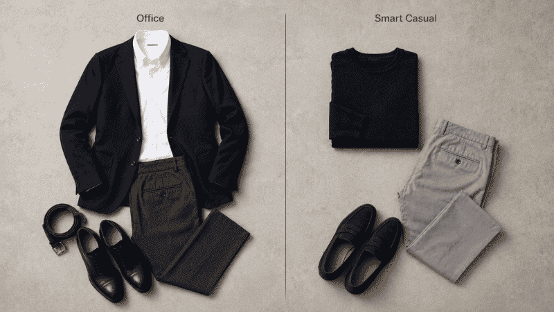men's grey pants office outfit with navy blazer white shirt black oxford shoes versus smart casual with navy sweater brown loafers flat lay comparison