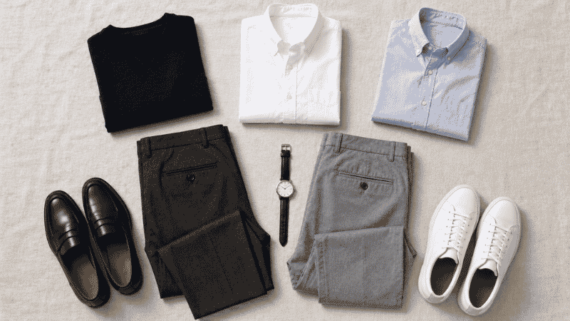 men's grey pants outfit flat lay showing charcoal trousers light grey chinos white shirt navy sweater brown leather shoes and white sneakers