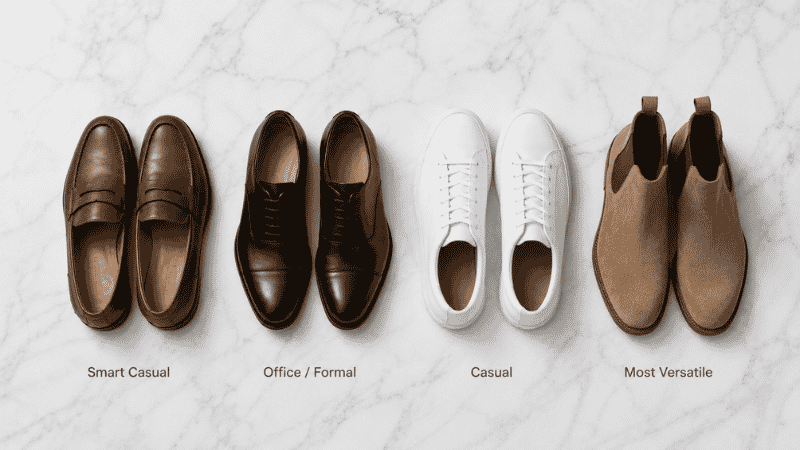 men's grey pants shoe options comparison showing brown leather loafers black oxford shoes white sneakers and tan suede chelsea boots