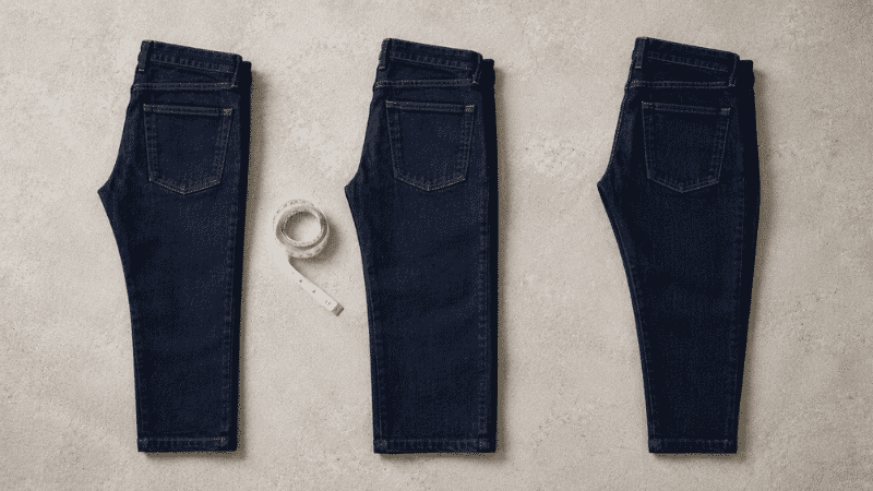 men's jeans fit guide flat lay showing slim fit straight fit and athletic fit dark indigo jeans side by side with tape measure