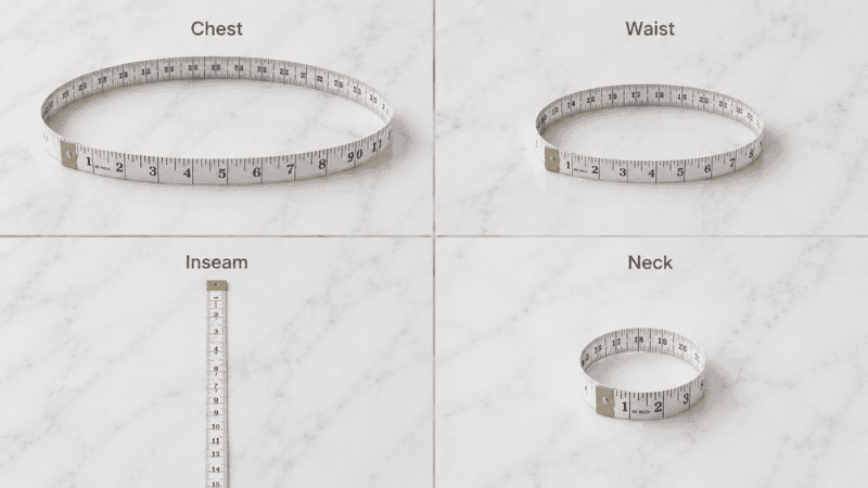 men's body measurement guide showing four key measurement points chest waist inseam and neck with tape measure positions