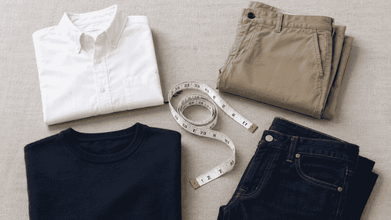 men's clothing size chart guide showing tape measure next to folded shirt chinos and dress shirt representing how to measure for perfect fit