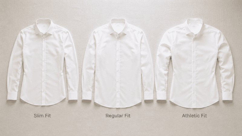 men's fit type comparison flat lay showing slim fit versus regular fit versus athletic fit shirt silhouettes side by side