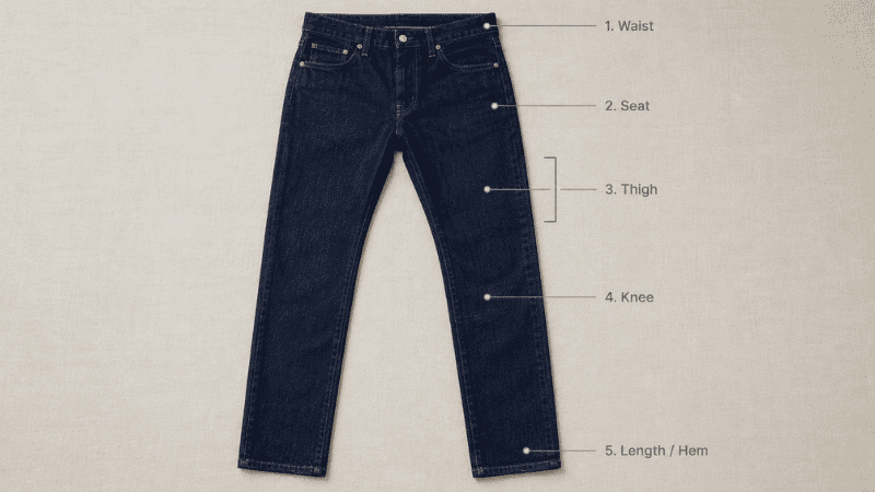 men's jeans fit five point check diagram showing waist seat thigh knee and length measurement points on dark slim jeans flat lay