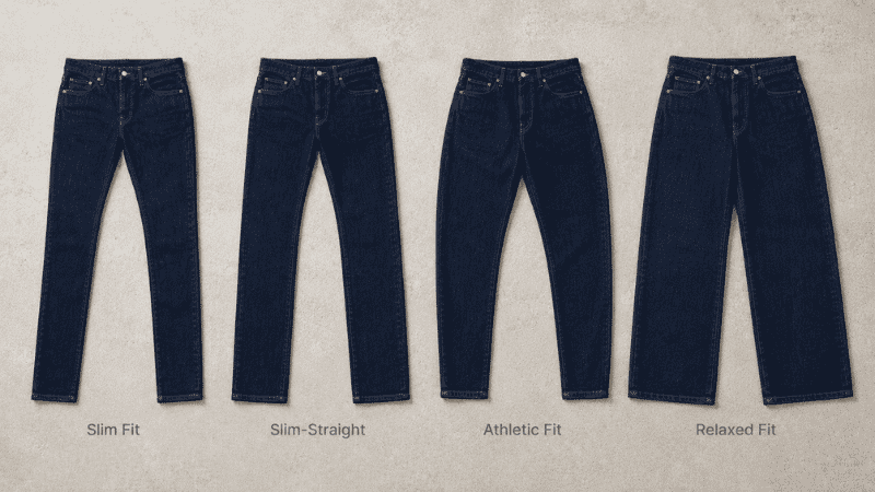 men's jeans fit types comparison flat lay showing slim fit straight fit athletic fit and relaxed fit dark indigo jeans silhouettes