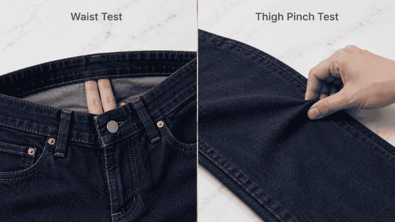 men's jeans fit pinch test demonstration showing half inch fabric pinch at thigh and two finger waist test on dark jeans flat lay