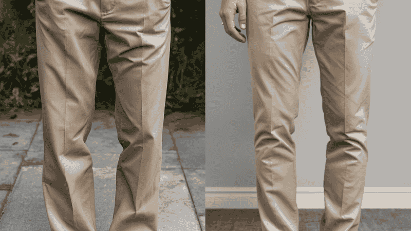 Side-by-side comparison of men's khaki styling: a baggy "dad fit" with black shoes versus a modern tapered fit with brown suede loafers