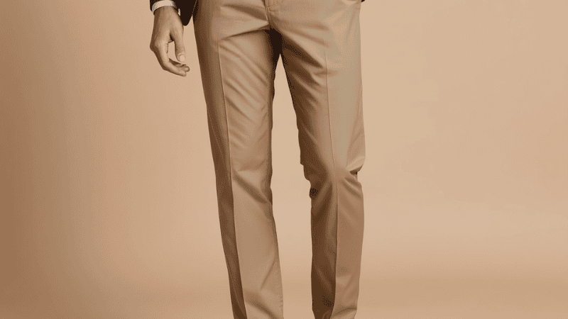A man in a professional setting wearing expertly tailored khaki pants with a "slight break" at the ankle, demonstrating the ideal fit and proportion when paired with a navy blazer and leather loafers.
