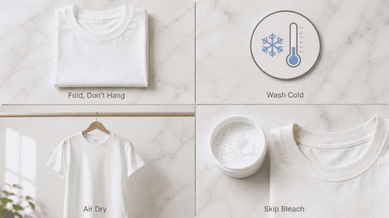 white t-shirt care guide flat lay showing cold water wash setting air dry method and proper folding to prevent yellowing and shrinkage
