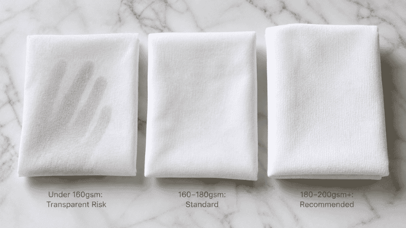 white t-shirt fabric weight comparison showing thin transparent low GSM versus mid-weight 180-200gsm versus heavyweight 200gsm plus cotton