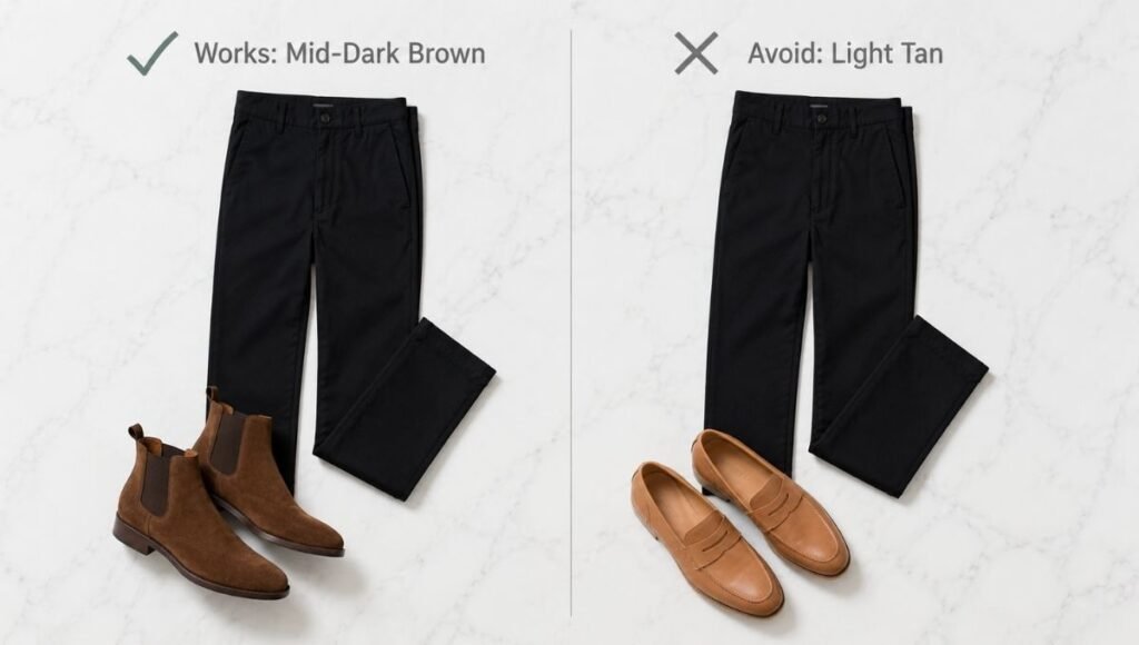 black pants brown shoes men comparison showing dark cognac chelsea boots that work versus light tan shoes to avoid with black trousers
