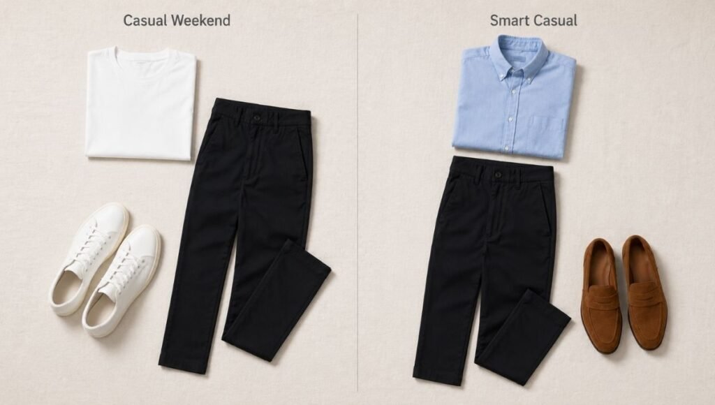 men's black pants outfit comparison showing casual white tee sneakers versus smart casual oxford shirt navy blazer leather loafers