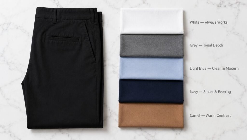 men's black pants shirt color combinations showing white grey light blue navy and camel fabric swatches with black trouser