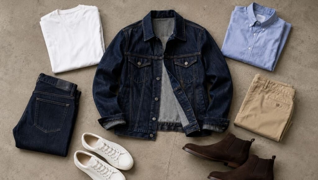 men's denim jacket outfit guide flat lay showing dark indigo denim jacket with white tee dark jeans oxford shirt chinos and leather boots