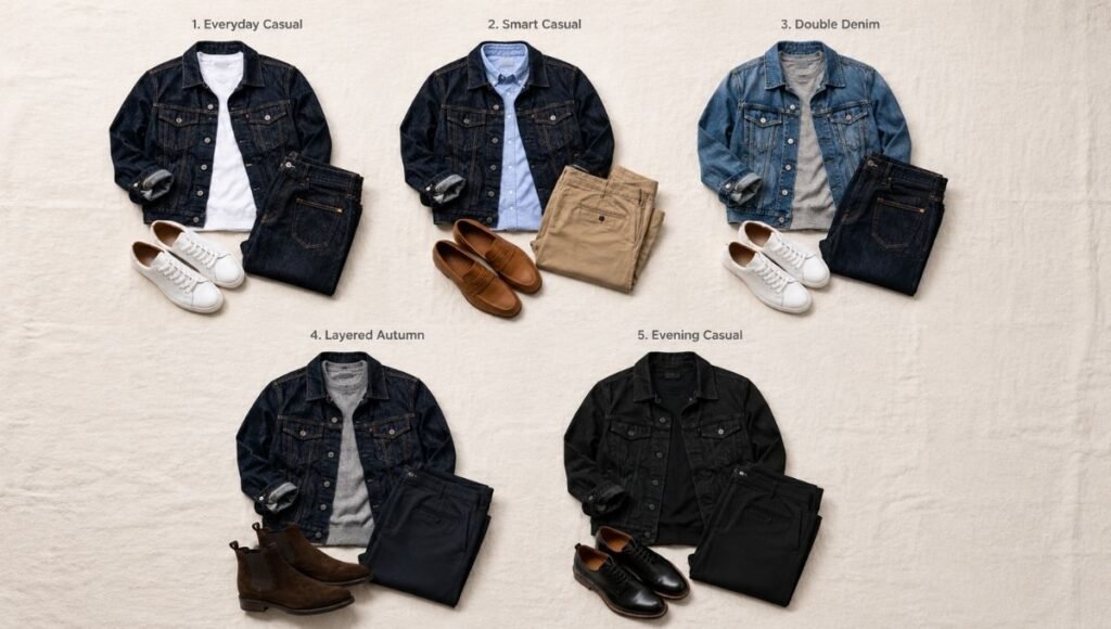 five men's denim jacket outfit combinations flat lay grid showing casual smart casual double denim layered and evening looks