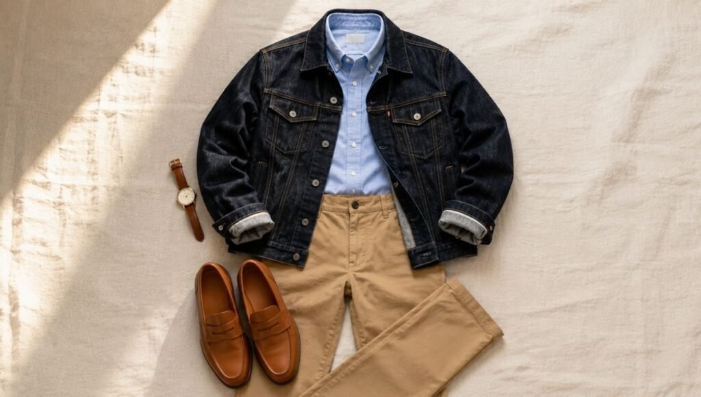 men's smart casual denim jacket outfit flat lay with dark indigo jacket light blue oxford shirt khaki chinos and tan leather loafers