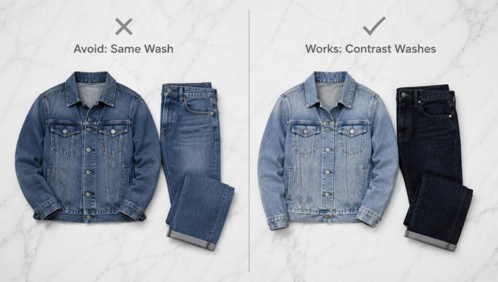 double denim outfit men comparison showing wrong matching washes versus correct contrasting light jacket dark jeans combination