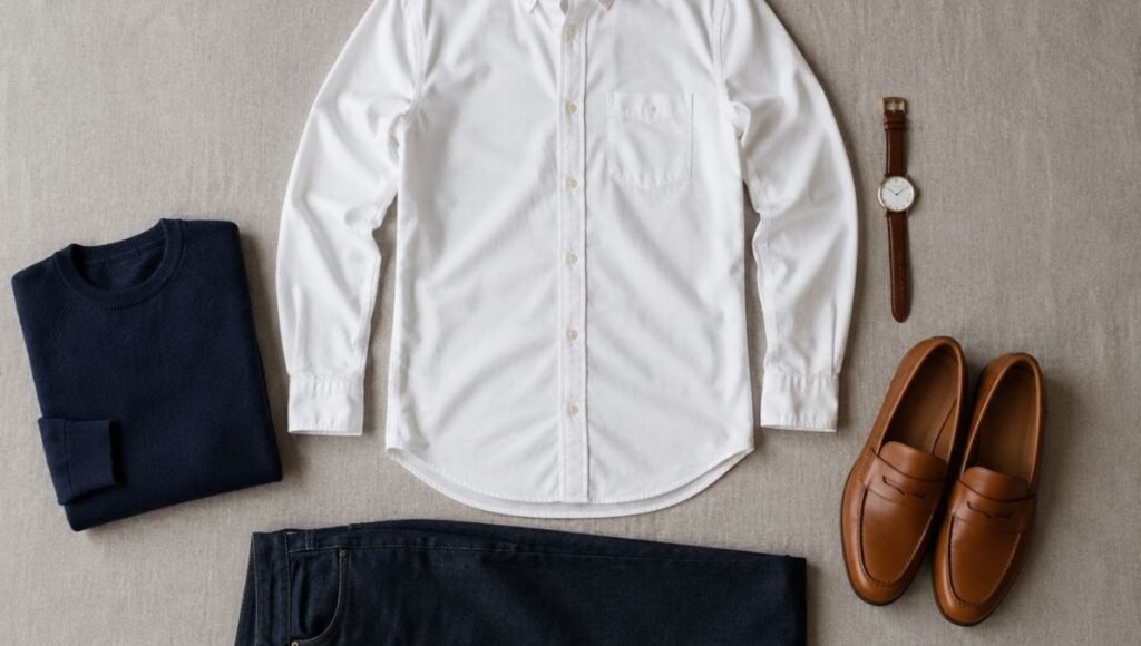 men's fashion tips flat lay showing well-fitted white oxford shirt dark jeans tan leather loafers and simple watch representing practical style basics