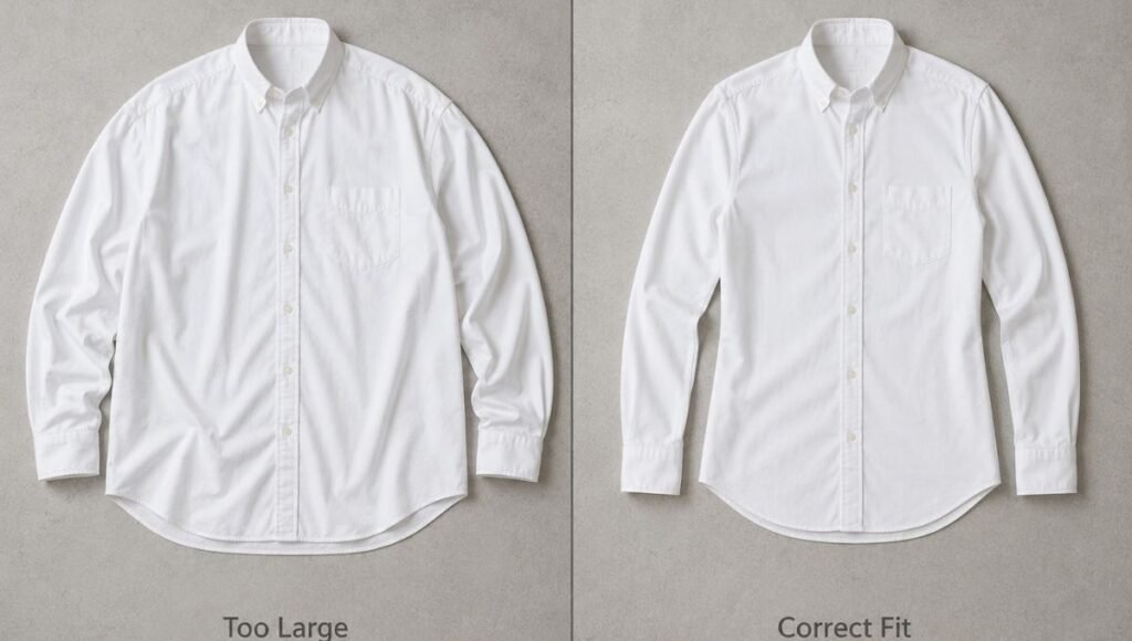 men's clothing fit comparison showing correct fitted white shirt versus too large baggy shirt with shoulder seam position difference