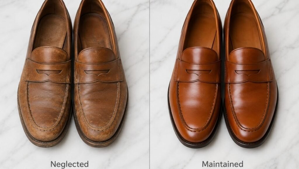 men's shoe maintenance comparison showing well-polished tan leather loafers versus scuffed neglected shoes representing the impact of shoe care on outfit appearance