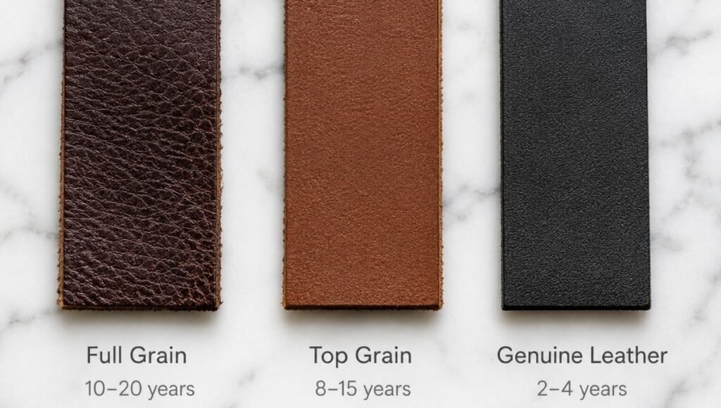 leather belt grade comparison showing full grain versus top grain versus genuine leather texture and quality differences side by side
