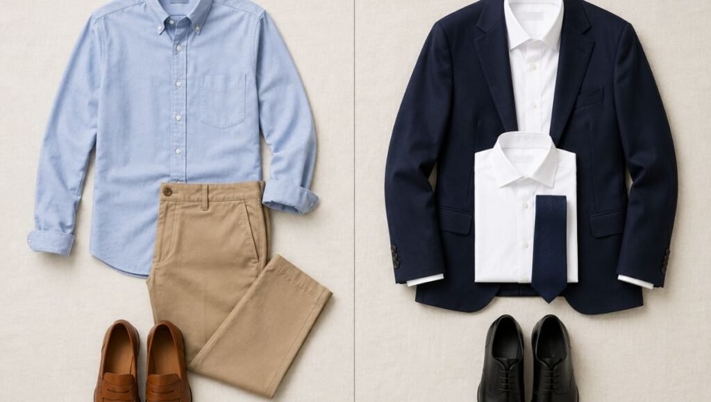 men's business casual versus business formal dress code comparison flat lay showing oxford shirt chinos loafers versus dark suit dress shirt tie oxford shoes