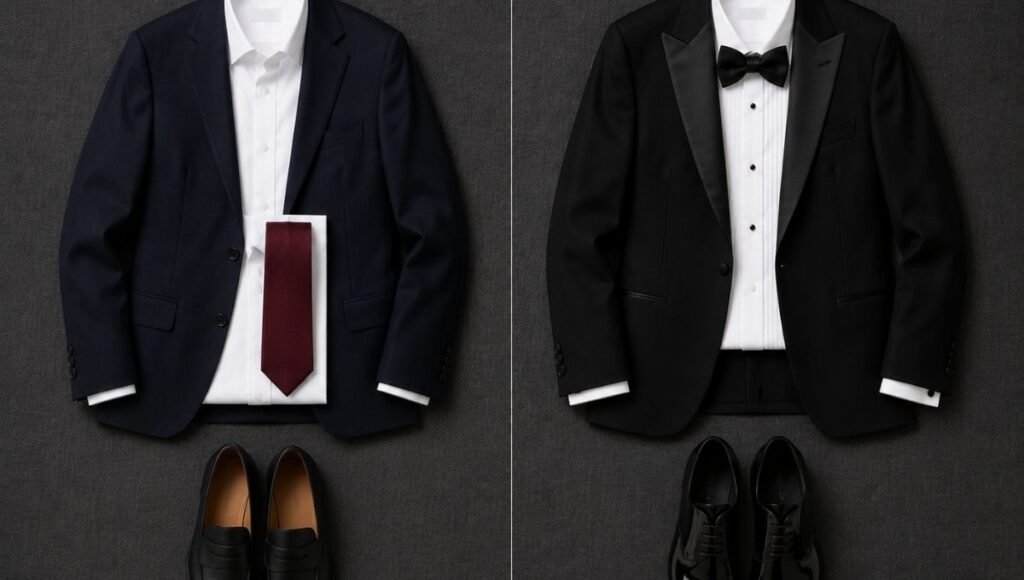 men's cocktail attire versus black tie dress code comparison flat lay showing dark navy suit versus tuxedo jacket white dress shirt and bow tie