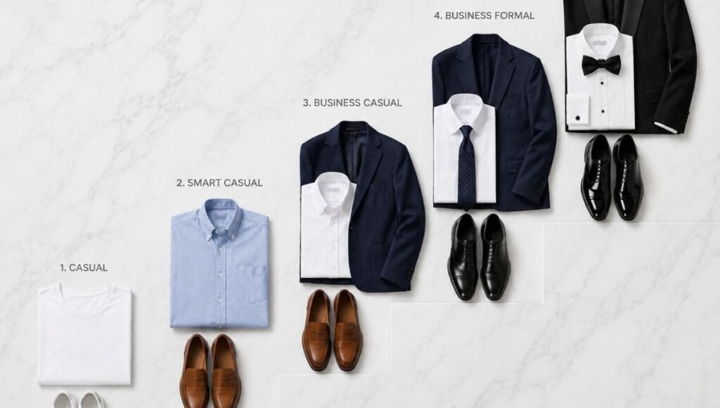 men's dress code formality scale showing casual smart casual business casual business formal and black tie outfit pieces in ascending order