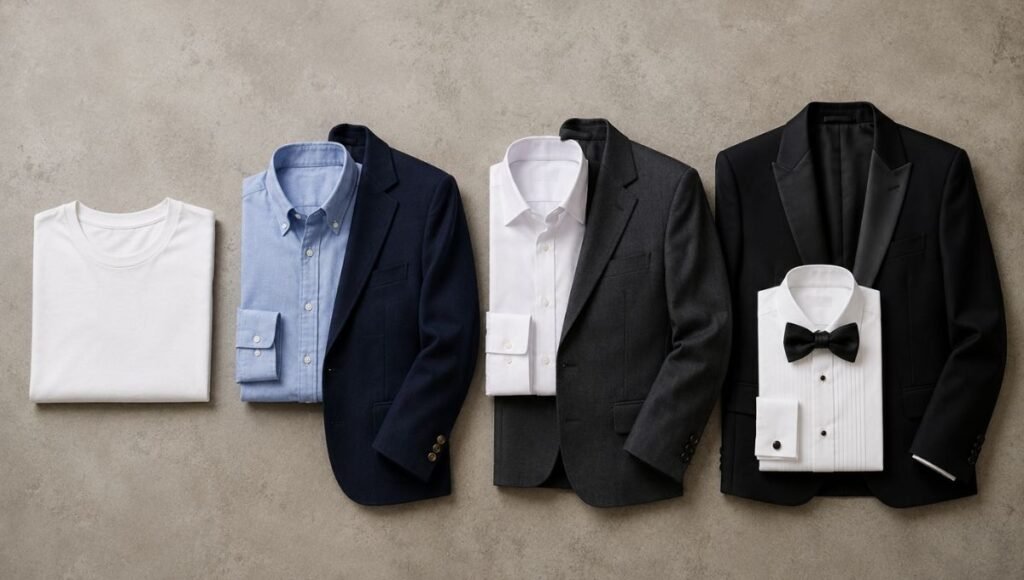 men's dress code guide flat lay showing seven levels from casual white tee jeans to black tie tuxedo jacket dress shirt bow tie