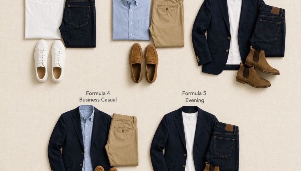 men's five outfit formulas flat lay showing casual default smart casual blazer upgrade business casual and evening combinations
