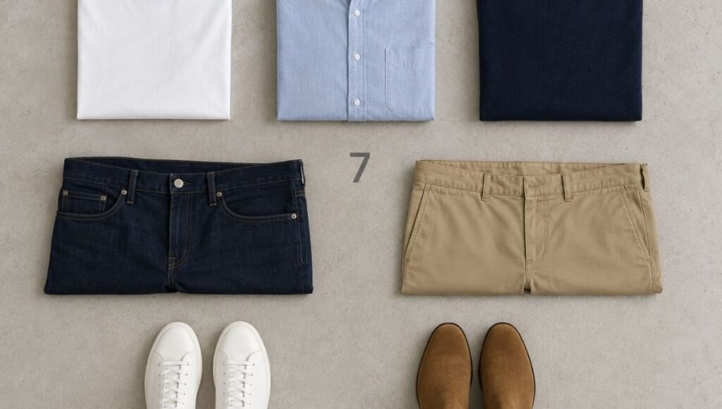 men's outfit ideas flat lay showing seven essential pieces including white tee oxford shirt grey sweater dark jeans khaki chinos white sneakers and tan loafers