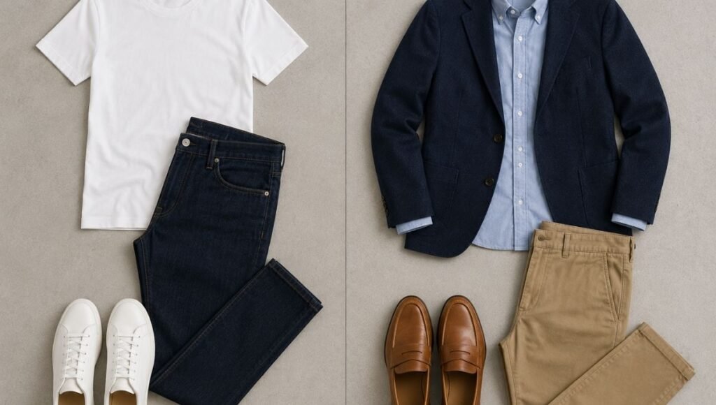 men's casual versus smart casual outfit comparison flat lay showing white tee dark jeans sneakers versus navy blazer oxford shirt chinos loafers