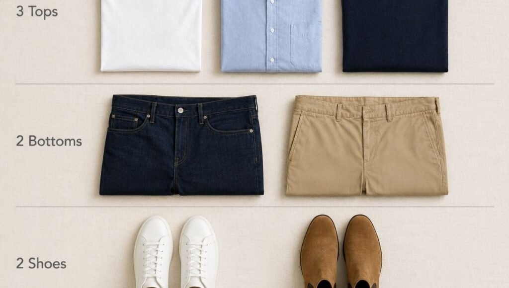 seven men's wardrobe base pieces flat lay organized into tops bottoms and shoes categories showing white tee oxford shirt sweater jeans chinos sneakers and boots