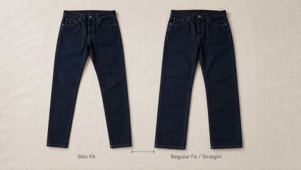 slim fit versus regular fit men's jeans comparison flat lay showing narrow tapered leg versus straight wider leg dark indigo denim