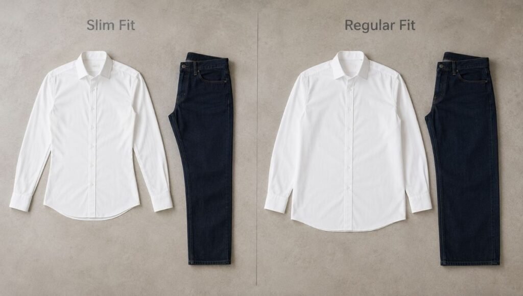 slim fit versus regular fit men's clothing comparison flat lay showing two white shirts and two pairs of dark jeans side by side