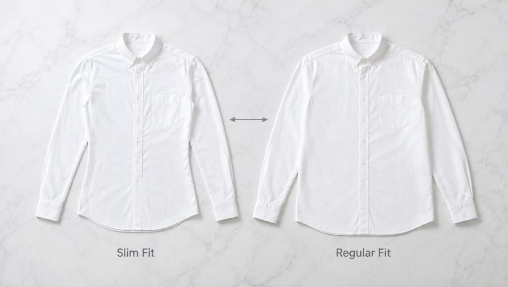 men's slim fit versus regular fit shirt silhouette comparison flat lay showing tapered versus straight cut white oxford shirts