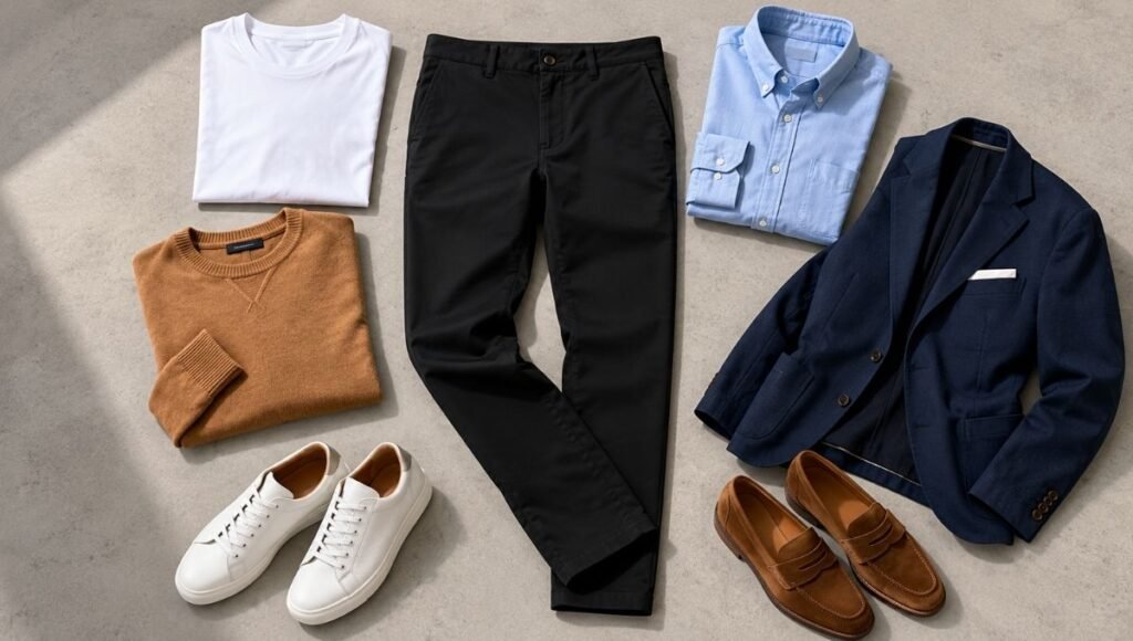 men's black pants outfit guide flat lay showing white tee oxford shirt navy blazer camel sweater white sneakers and leather loafers